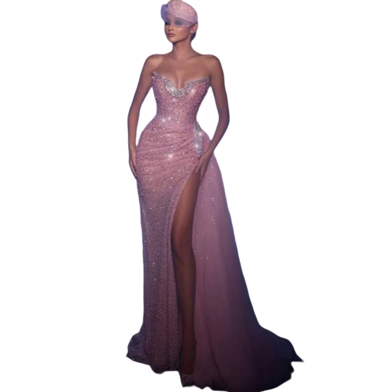 Glitter Pink Sequined Prom Dresses Crystals Beaded Strapless Evening Gown Side High Slit Pageant Party Gown Sleeveless Open Back Long Celebrity Dress