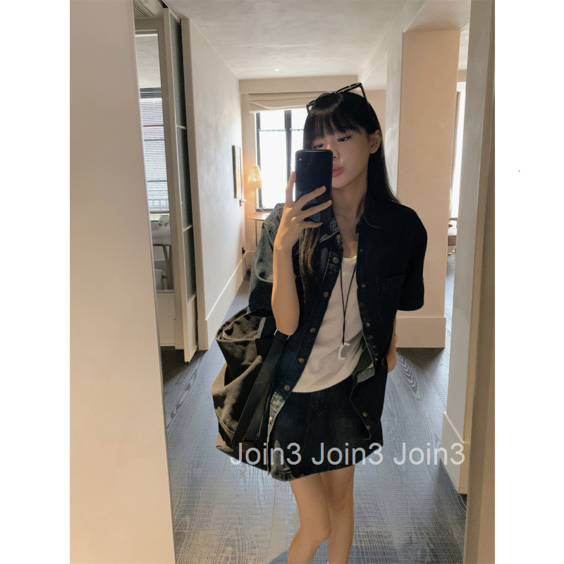 25 Summer New Korean Style Loose Short Sleeve Denim Shirt Top and Half Skirt Two-Piece Set for Women