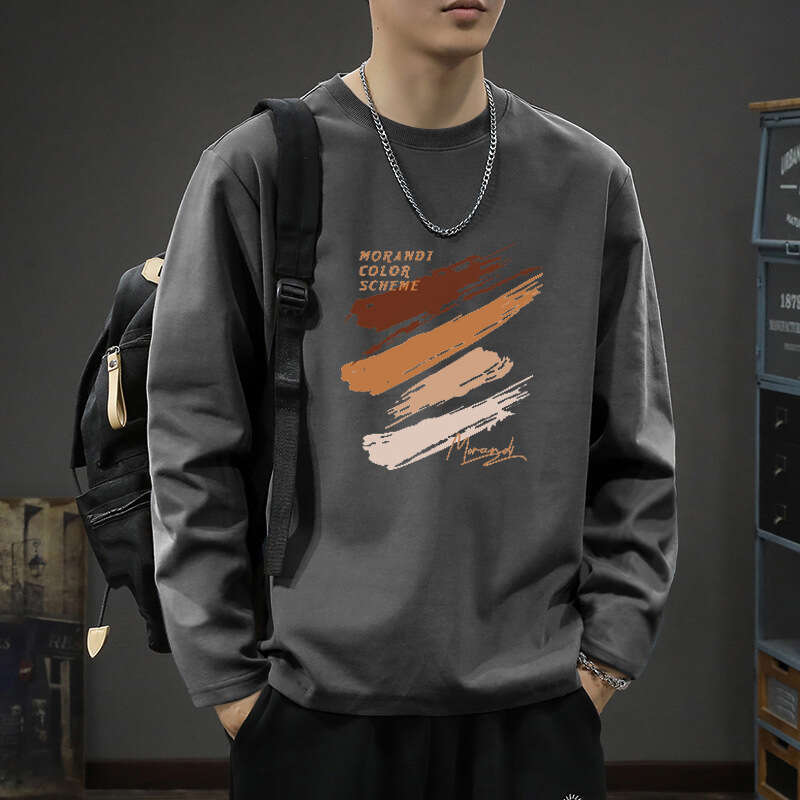 Designer T Shirt Spring And Autumn 200G Heavyweight Combed Cotton Long Sleeve T-Shirt Men's Trendy Brand Printed Loose Plus Size Autumn Inner Lay