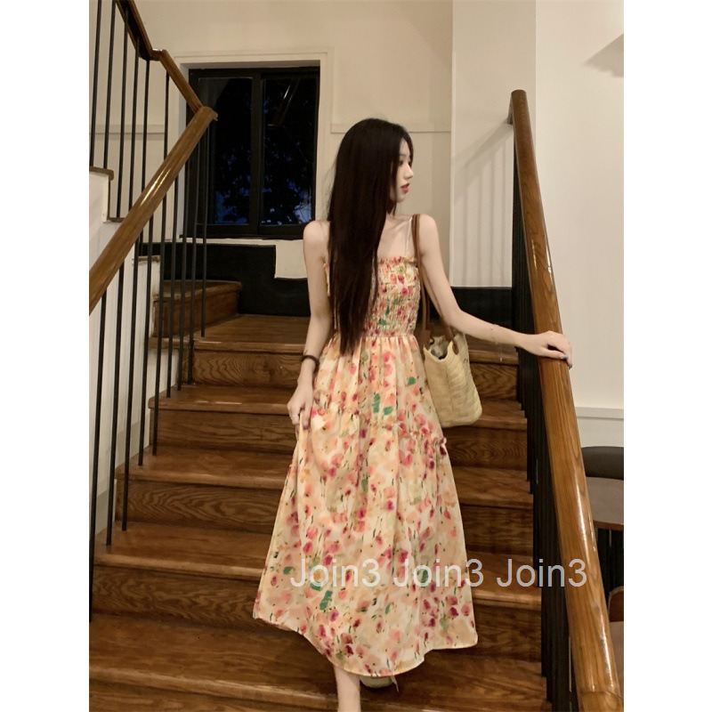 Summer New Sweet Fairy Floral Strap Dress Chiffon Slimming Printed Long Dress