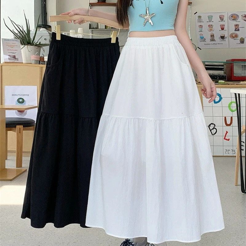 Plus Size Skirts Women Summer High Waist A Line Skirt Korean Style with Pockets Large Long Skirt 250729