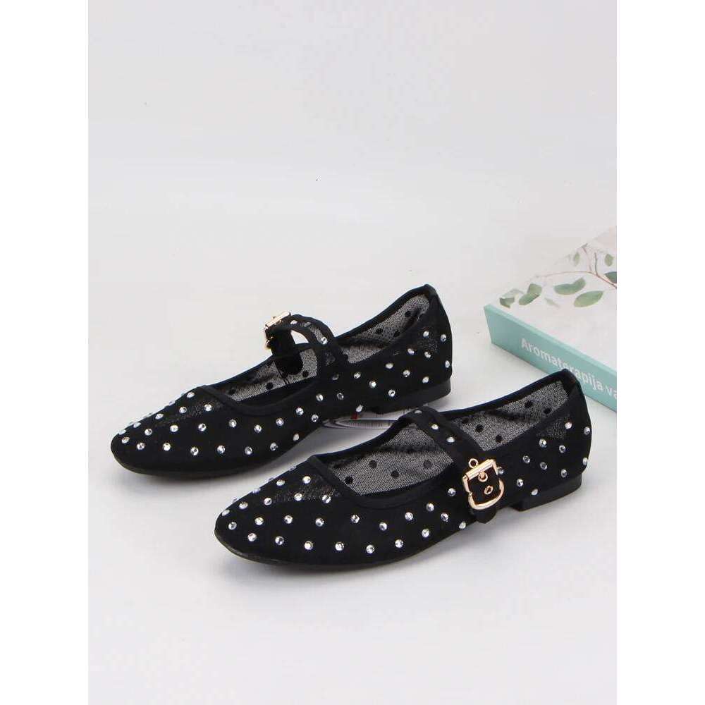Rhinestone Mesh Ballet Flats Women Summer Breathable Black Elegant Mary Janes Buckle Strap Casual Ladies Shoes Footwear