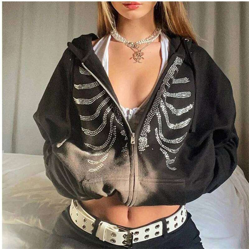 hoodie Women Gothic Black Zip Up Oversized Sweatshirts Y2K Rhinestone Skeleton Hoodies Female Retro Haruku Hooded Jacket Streetwear jacket