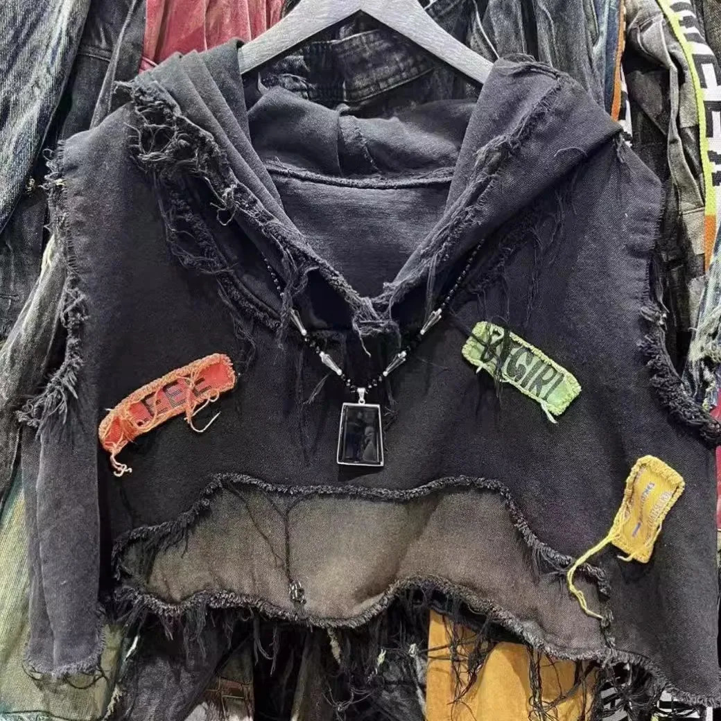 American retro old wash jeans vest womens fashion highend stitching hole n short sleeveless hooded patch coat jacket 250717