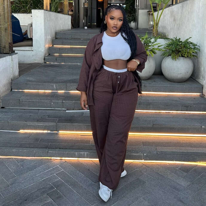 Plus Size Casual High Waist Striped Long Sleeve Cardigan Shirt And Pants Stylish Loose Two-Piece Set For Women B5