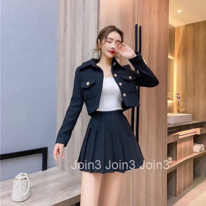 Autumn Winter New Socialite Street Style Short Lapel Single-Breasted Jacket and Short Skirt Two-Piece Set for Women