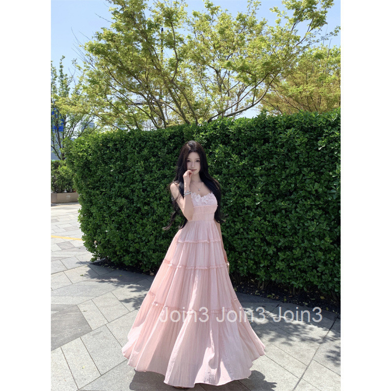 Summer Pink Vacation Dress Design V-neck Strap Sleeveless Vest Dress Long Dress Beach Princess Dress