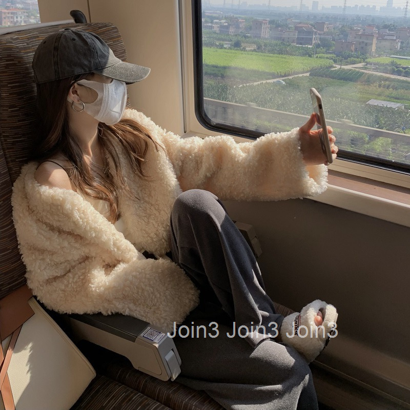 Autumn Winter New Korean Style Versatile Cardigan Lamb Wool Thick Loose Long Sleeve Short Coat Womens Outerwear