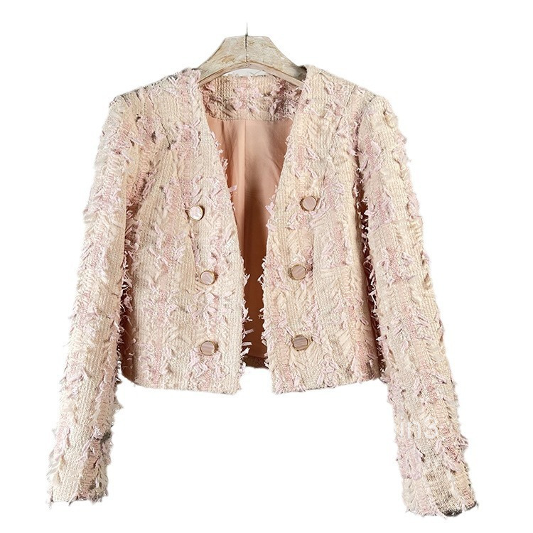 Autumn Winter New Elegant French Style V-Neck Tassel Double-Breasted Short Long Sleeve Coat Womens Top