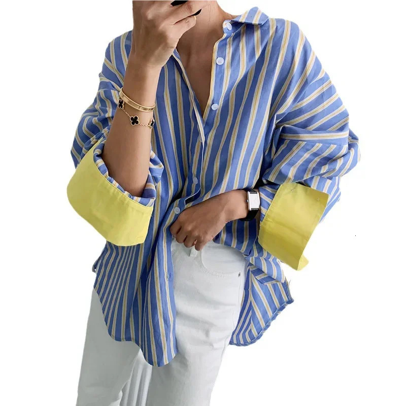 Spring Autumn Womens Fashion Color Blocking Striped Shirt Korean Style Loose Fit Slimming MediumLength Base Casual T 250729