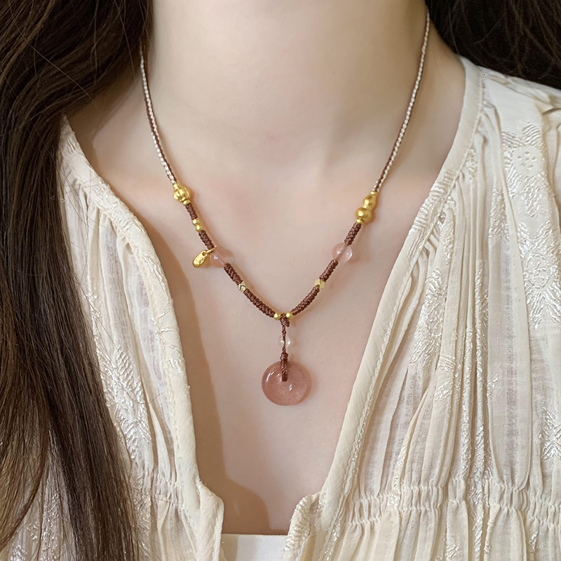 Chinese Style Pink Peace Buckle Braided Rope Pendant Necklace for Women 2025 New Jewelry High-end Light Niche Choker Jewelry for Women