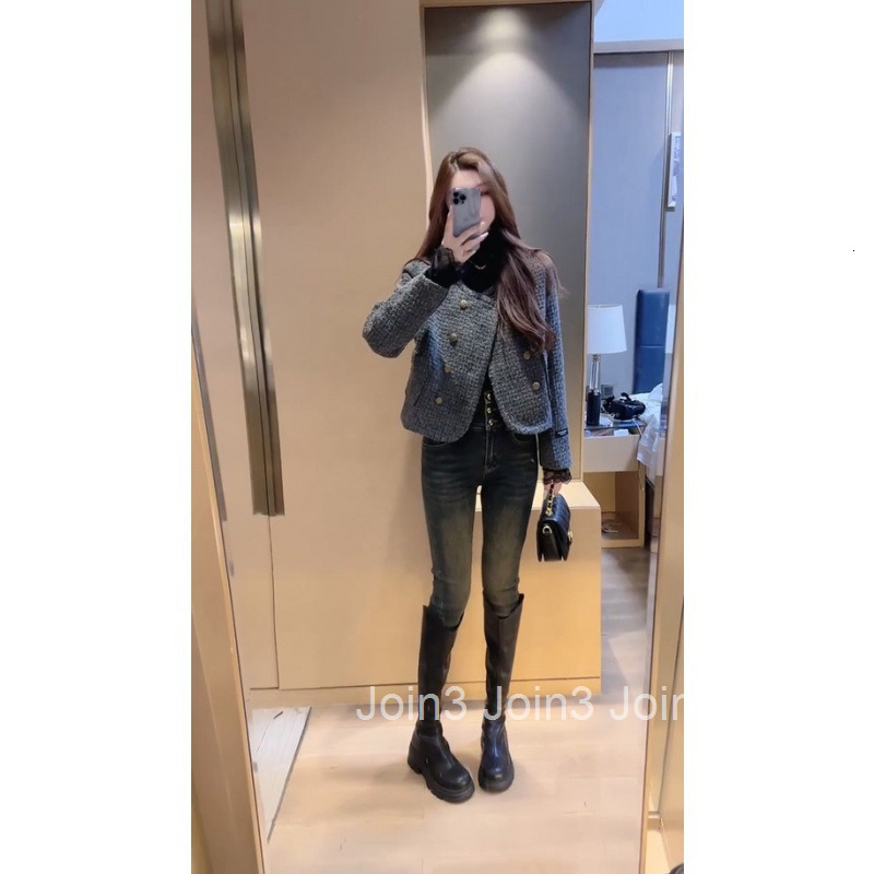 Autumn Winter New Womens French Style Elegant Design Slim Woolen Tweed Double-Breasted Long Sleeve Coat for Women