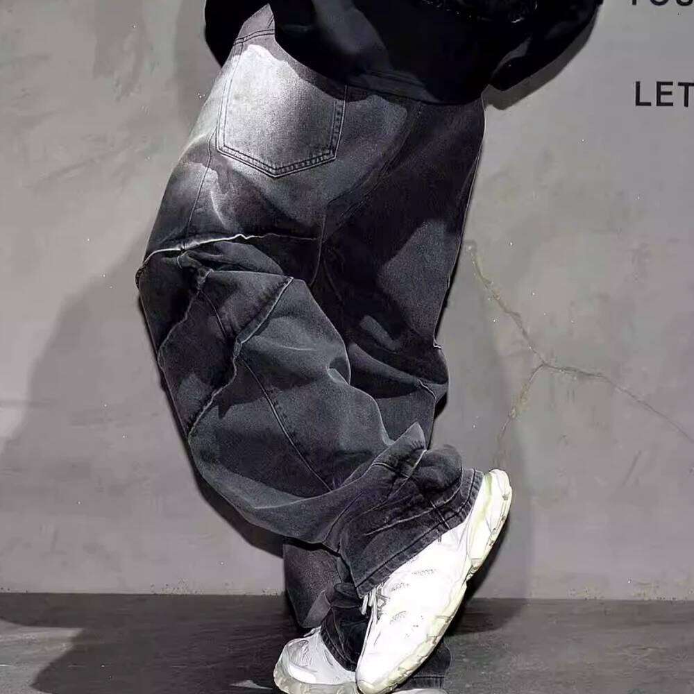 High Quality Black Vintage Casual Gradient Cargo Streetwear Straight Leg Jeans Hip Hop Denim Pants Kpop Trousers Male 250726