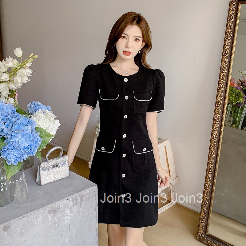 Summer New Womens French Style Elegant Round Neck Single-Breasted High-Waisted Short Dress Short Sleeve Dress