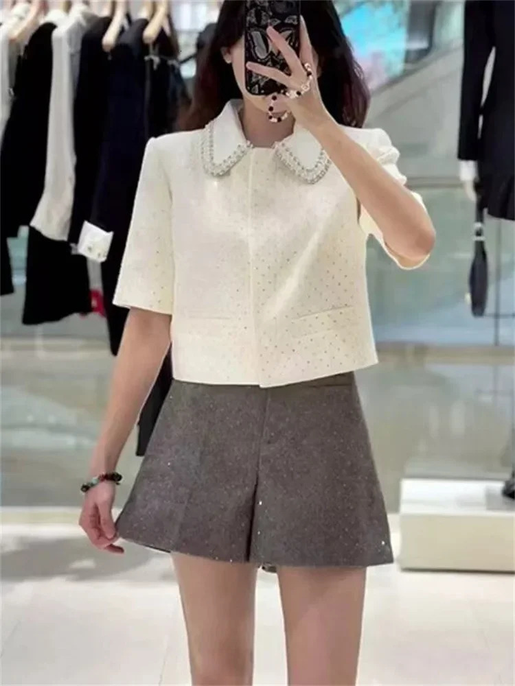 Women Pearl Decoration Tweed ThreePiece Set Short Sleeve Cardigan Shirt Sleeveless Vest Outerwear or Long Pants 250729