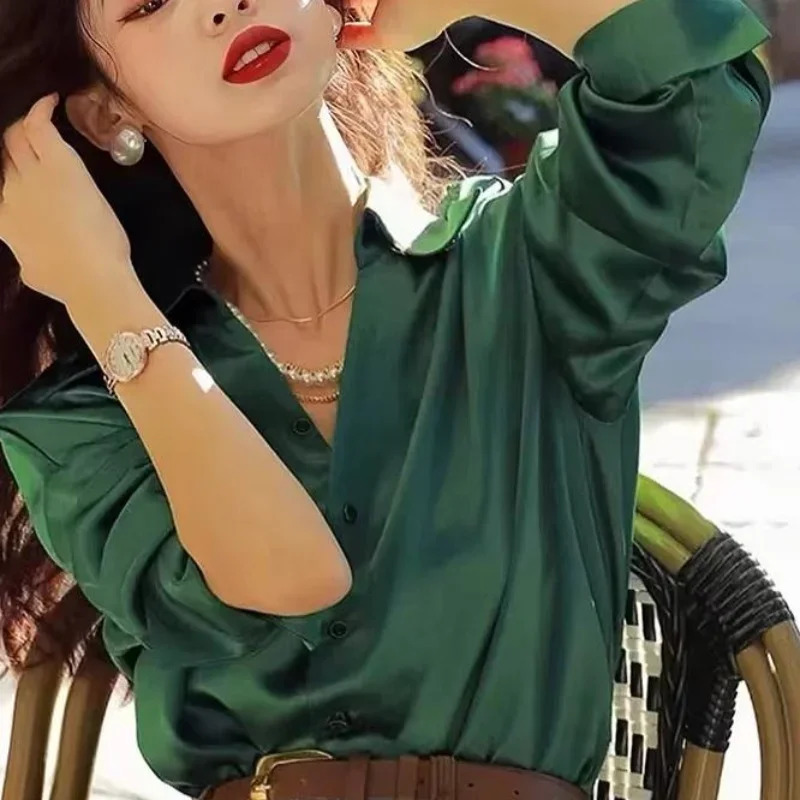 Satin Vintage Womens Shirts Springsummer Solid Korean Clothing Loose Long Sleeves Tops Poloneck Fashion Women Blouses 250724