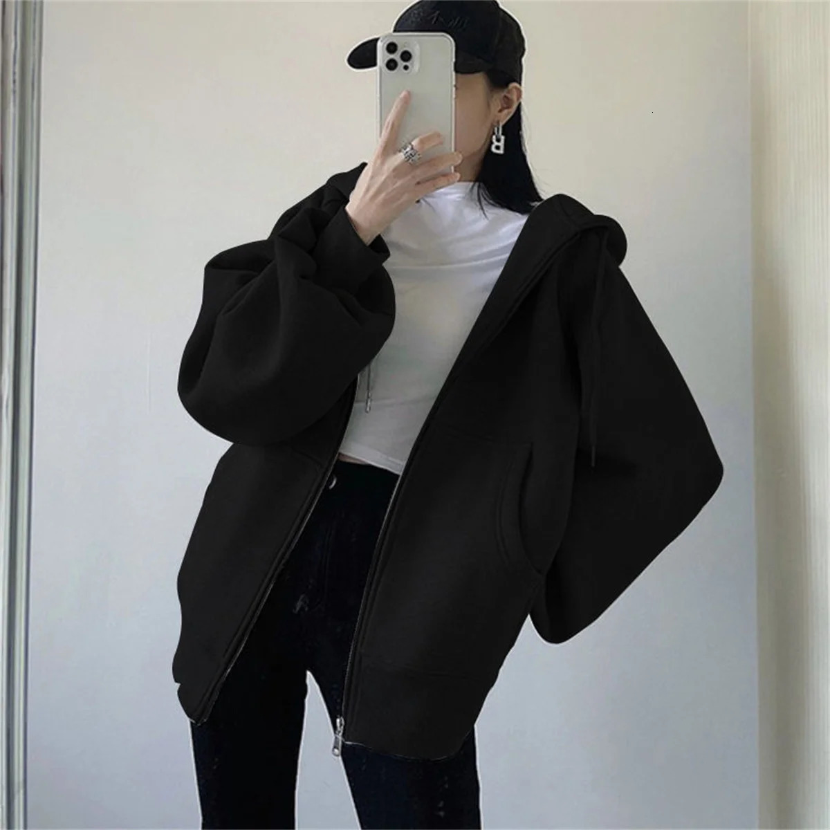Spring Fall Women Loose Hooded Sweatshirt Jacket Solid Zipper Long Sleeve Coat Oversize Vintage Korean Hoodies Casual Wear 250729