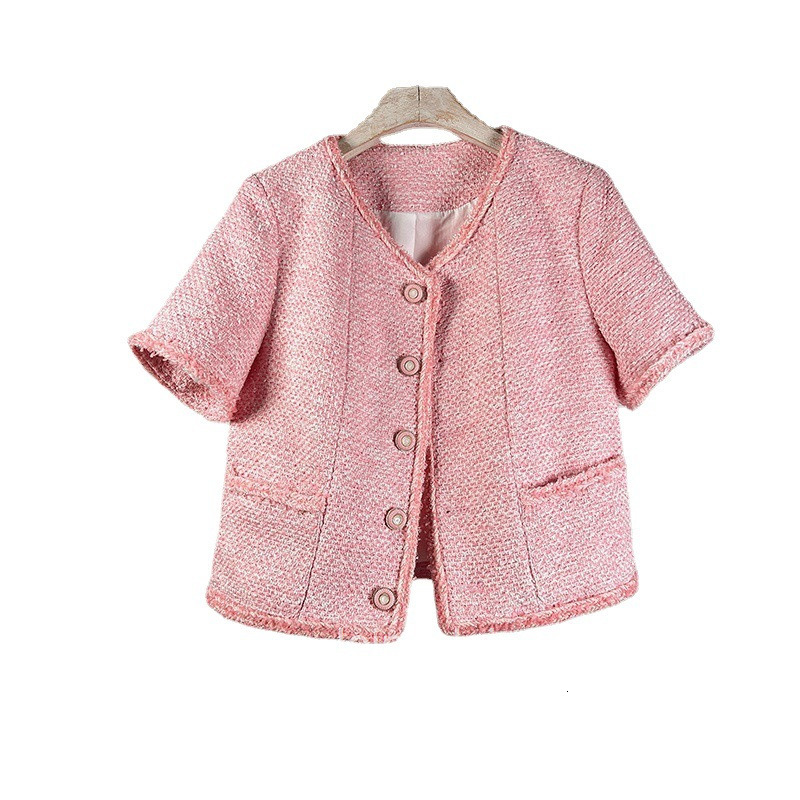 25 Summer New Korean Chic Fashion Brightening Little Fragrance Cardigan Slimming Pink Short Sleeve Top for Women