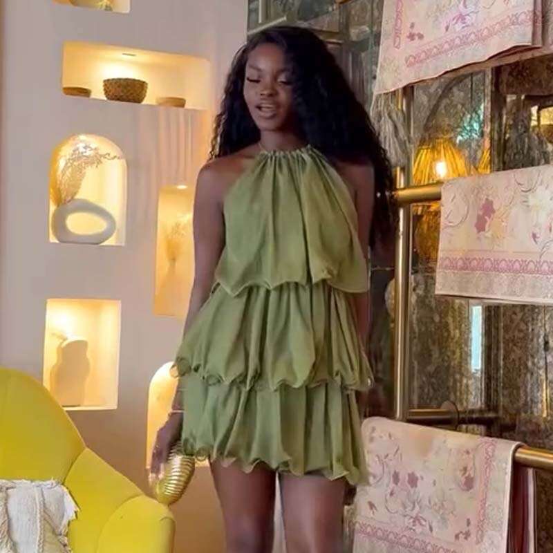 Elegant Sweet Halter Sexy Sleeveless For Women Solid Color Cake Short Dress New Summer B5