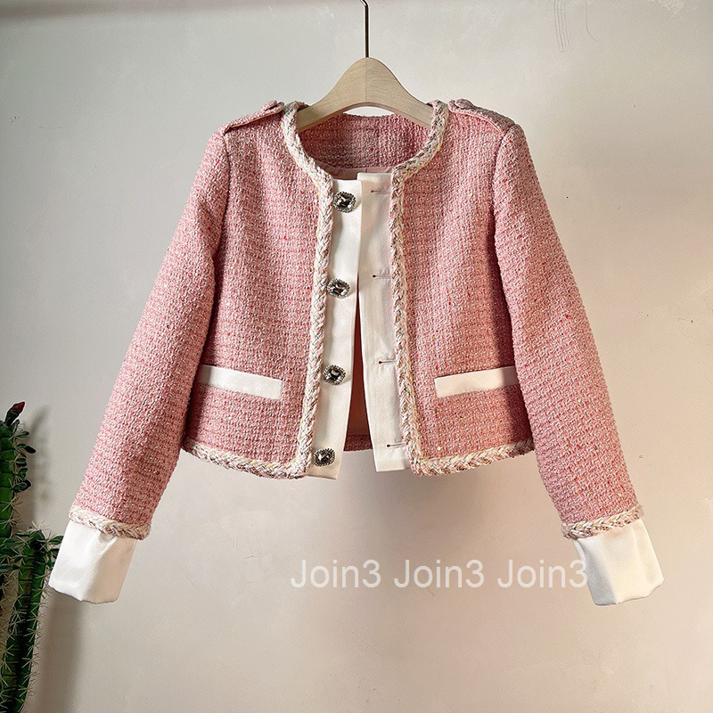 New Spring Autumn Winter French Style Small Fragrance Coat for Women Elegant Single Row Diamond Button Patchwork Edge Long Sleeve Short Coat for Women