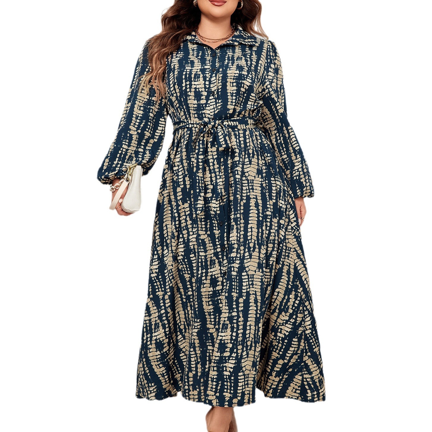 X728Plus size printed waist plus size dress European and American polo neck long sleeve dress