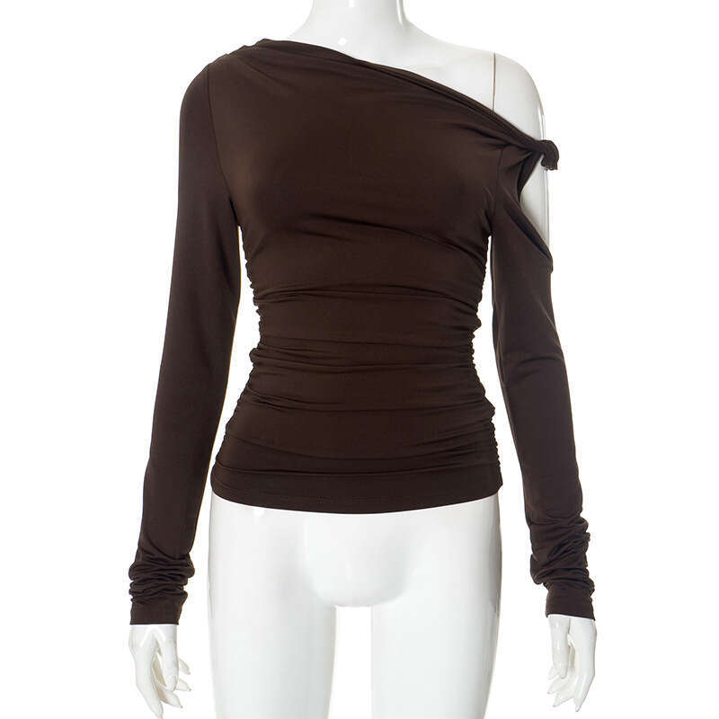 Y24tp482 Women's Autumn New Solid Color One-Shoulder Asymmetrical Ruched Sexy Long Sleeve Top B5