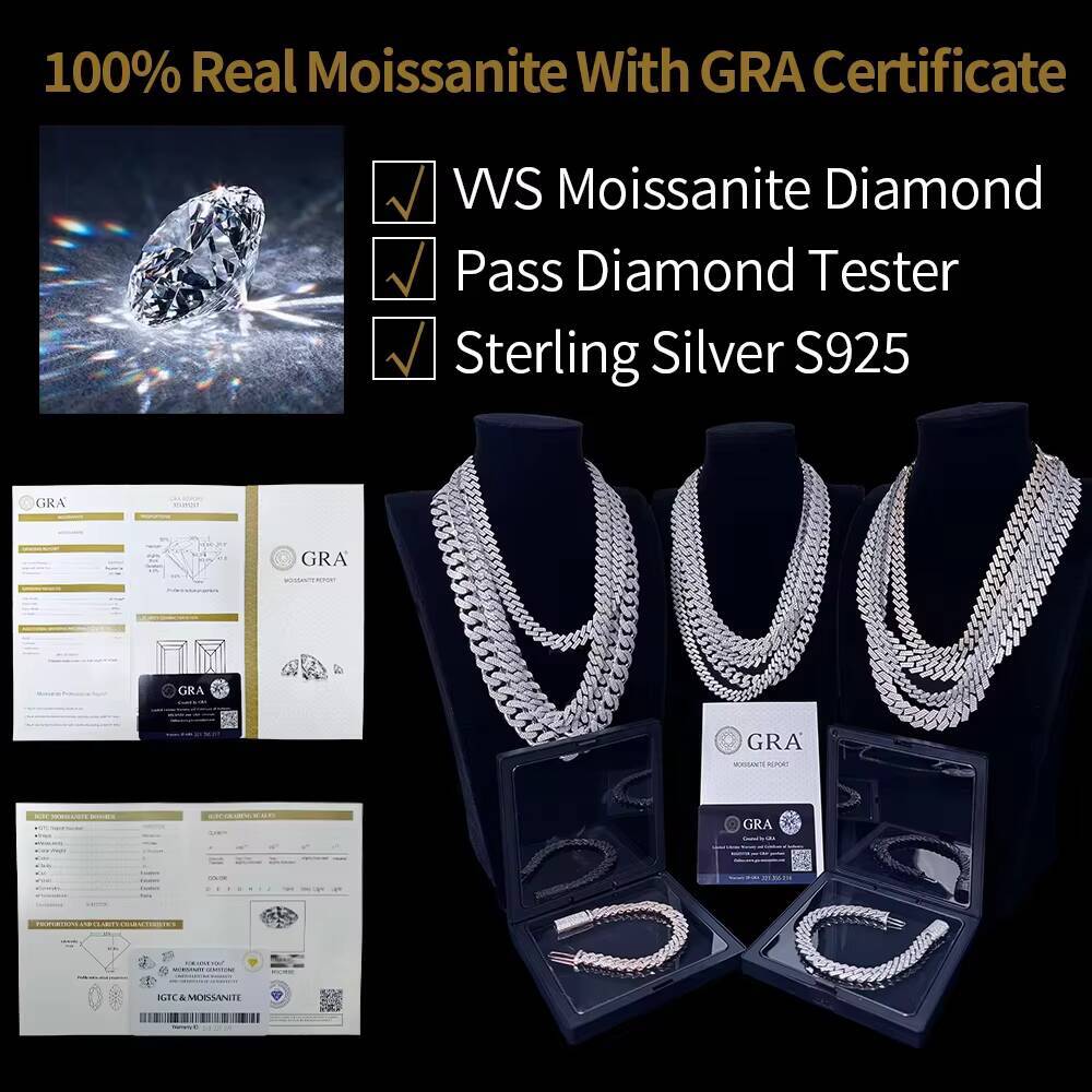 12mm Cuban Chain Hip Hop Jewelry 925 Sterling Silver Vvs Iced Out Moissanite Diamond Cuban Link Chain