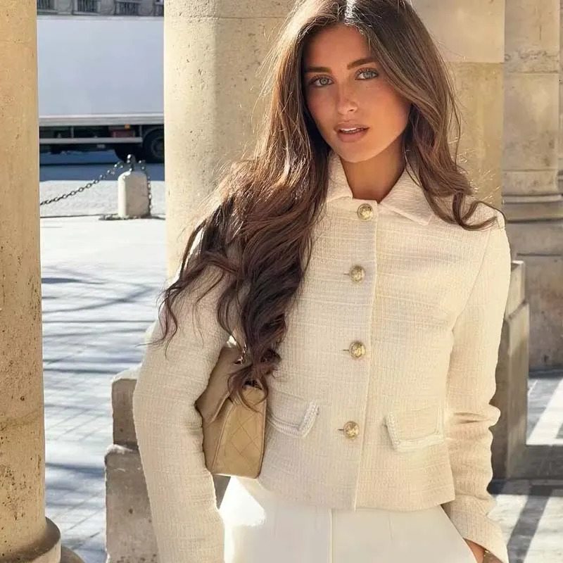 Women With Pockets Tweed Jacket Long Sleeve Lapel Collar Female Cropped Coat High Street Elegant Outerwear 250729
