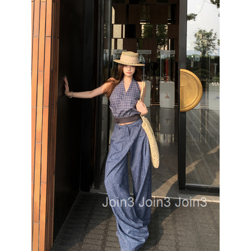 Summer New Sexy American Style Halter Neck Slimming Strap Sleeveless Top Short + High Waist Wide Leg Long Pants Set for Women