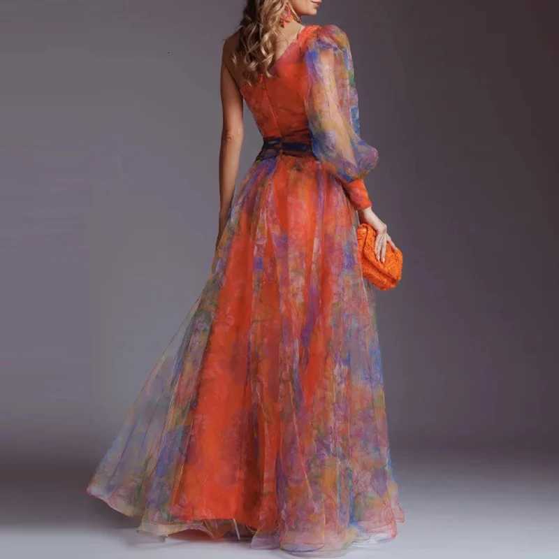 Elegant Slash Neck High Waist Gala Dress Fashion One Shoulder Long Sleeve Evening Dress Casual Graphic Mesh Party Dress for Women Z250728