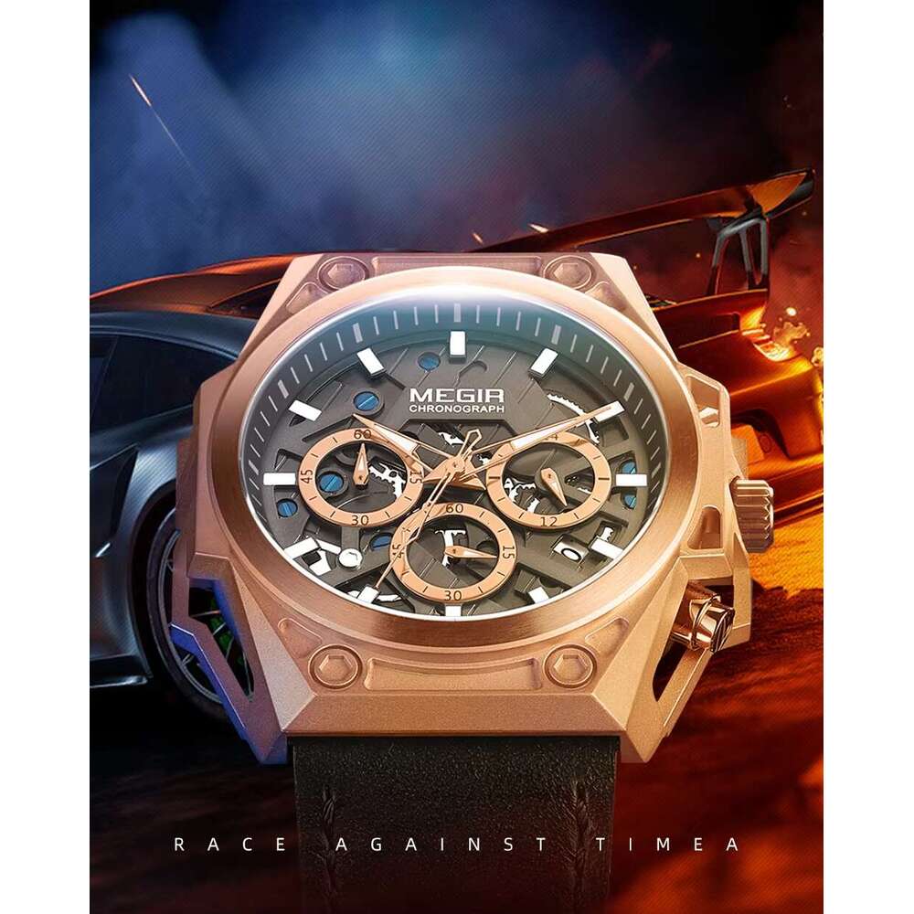 DHgargets MEGIR 4220 Men's Chronograph Watch - 47mm 316L Stainless Steel, 50M Waterproof, Leather Strap, Luminous, Date & 24H Display