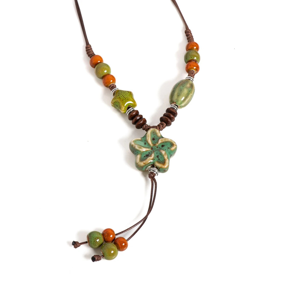 Nature-Inspired Handmade Ceramic Necklace Adjustable Boho Ethnic Jewelry Green Blossom Pendant Long Artisan Statement S02-051 250729