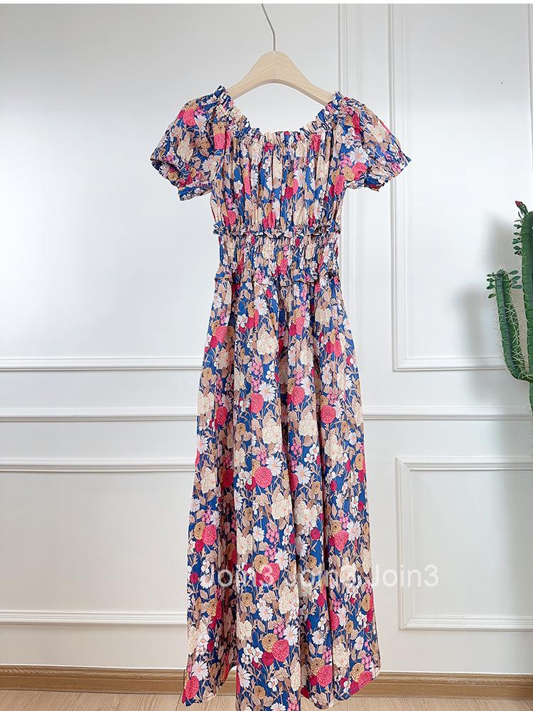 25 Summer New Round Neck Waist-Cinching Slimming Floral Print Short Sleeve Dress Lightweight Cool Long Dress