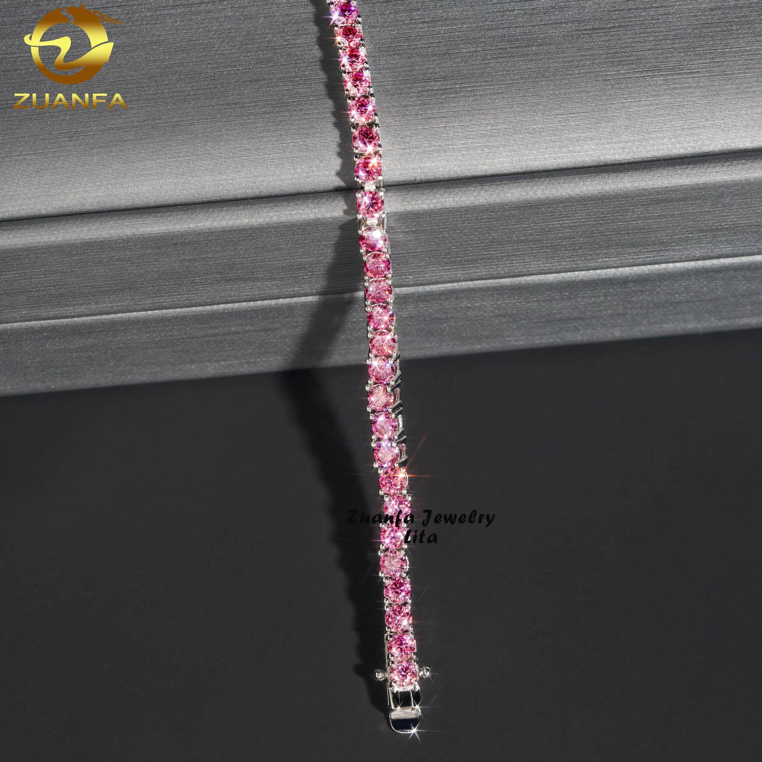 GRA Certificate Top Quality Diamond Tennis Chain 925 Silver 3mm Pink Moissanite Tennis Bracelet