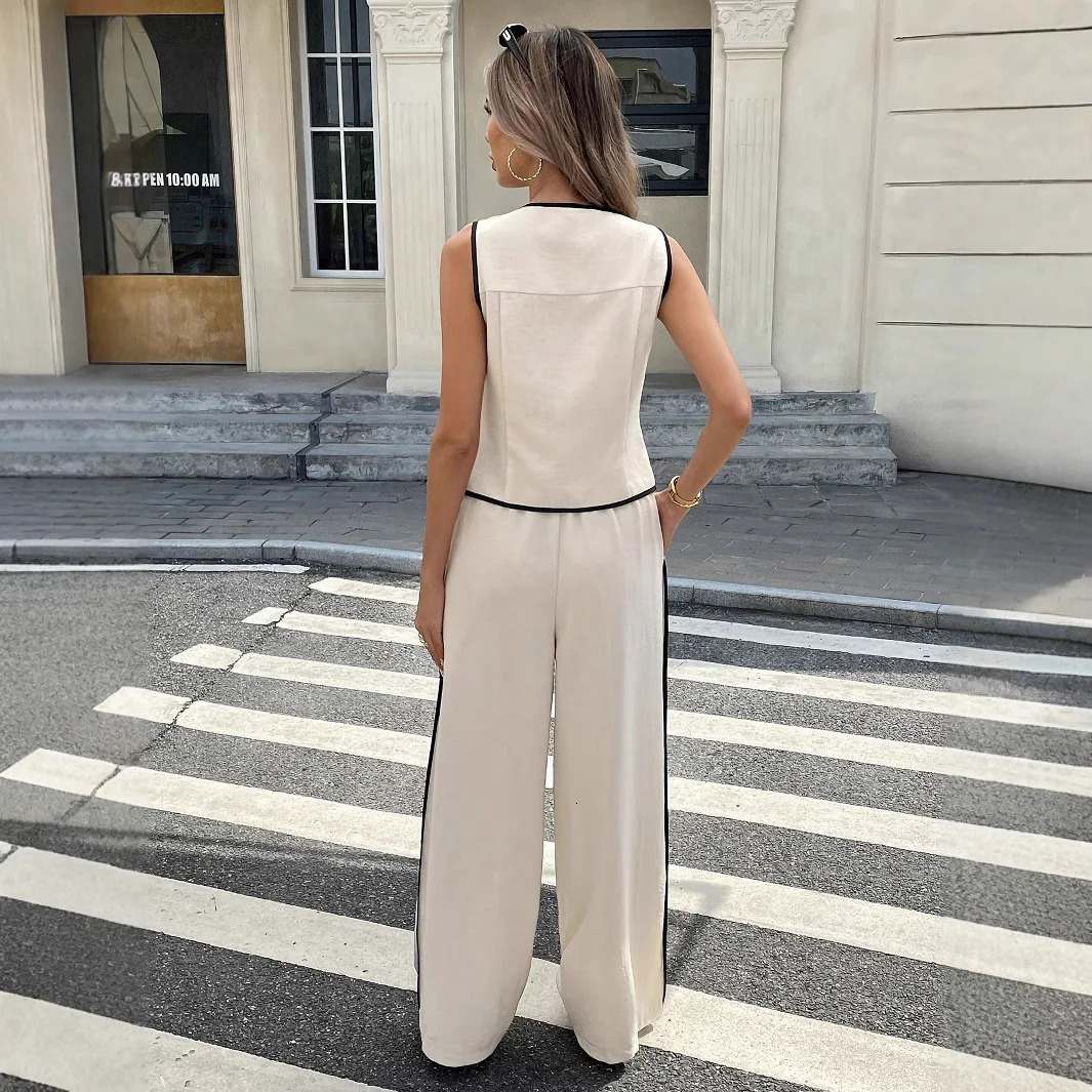 Summer Female Vest Pants Set Solid Sleeveless VNeck Top High Waist Casual Loose Twopiece Office Lady Suit Street 250729