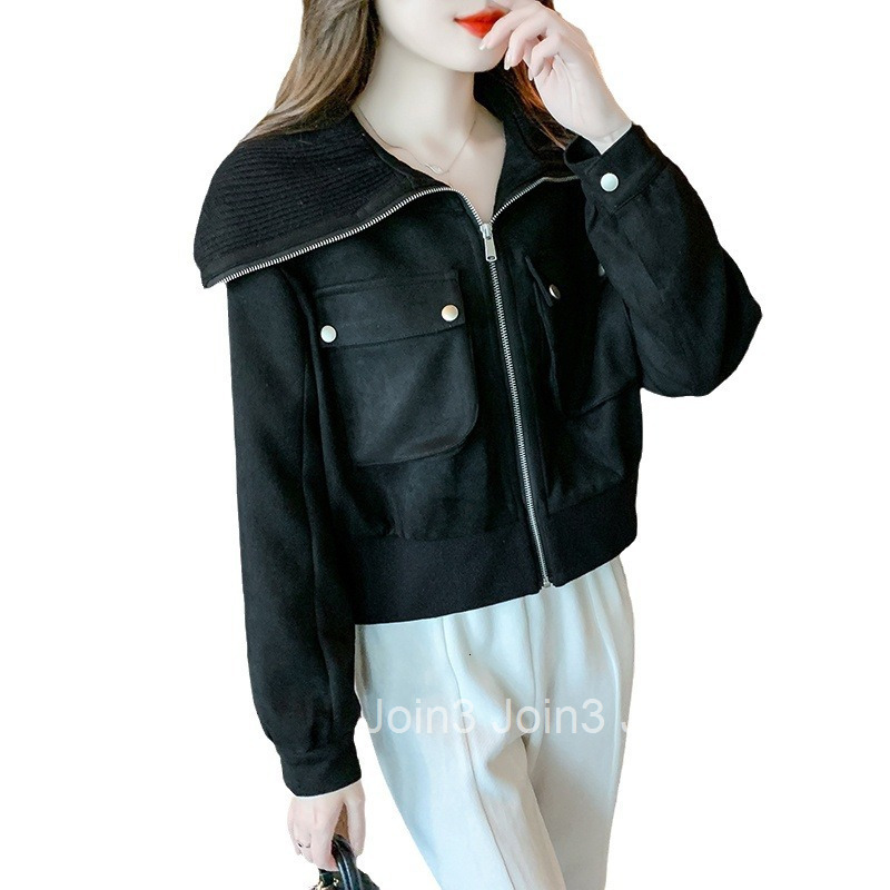 Autumn Winter New Large Lapel Deerskin Velvet Spliced Knitted Long Sleeve Short Coat Womens Fashion Trendy Jacket Top