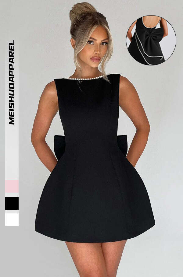 Cross-Border Summer Women's Pearl Bow Fashion Slim Short Backless Hot Girl A-Line Dress