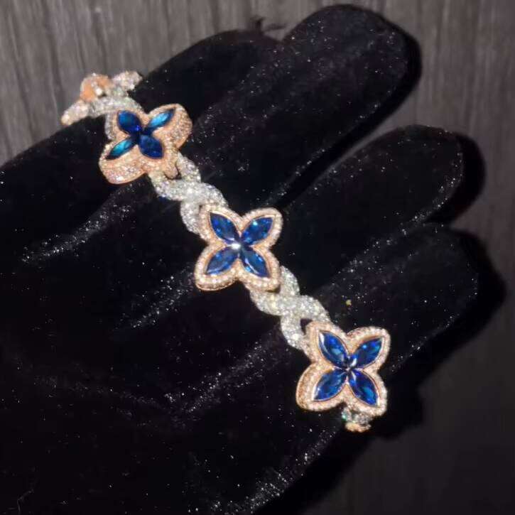 Charming Colorful Marquise Eye Moissanite Four-Leaf Clover Sier Cuban Chain Men's Women's Jewelry Bracelet Bangle