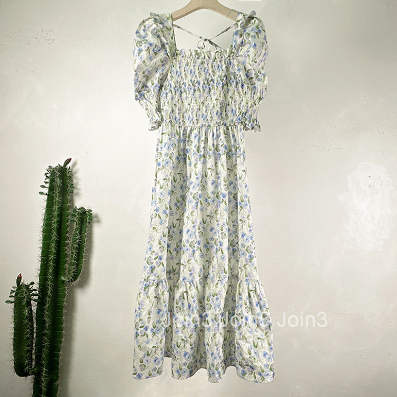 Summer New Fashionable Floral Skirt Elastic High Waist Short Sleeve Printed Dress Mid-Length A-Line Skirt