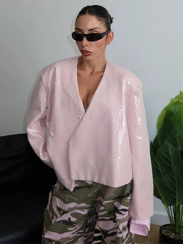 Chic Street Outerwear Retro Sequins Irregular Vneck Jacket for Women Elegant Loose Solid Glitter Lace Up Open Jackets Coat 250729