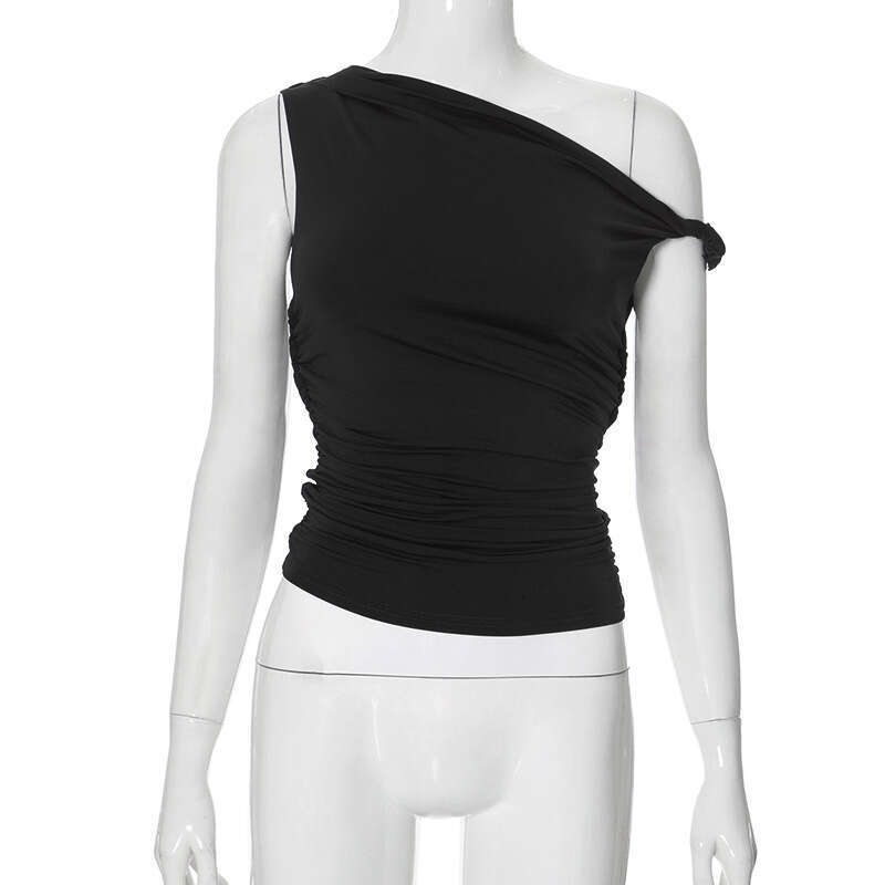 Y24tp145 Women's Summer New Solid Color One-Shoulder Asymmetrical Ruched Sexy Slim Top B5