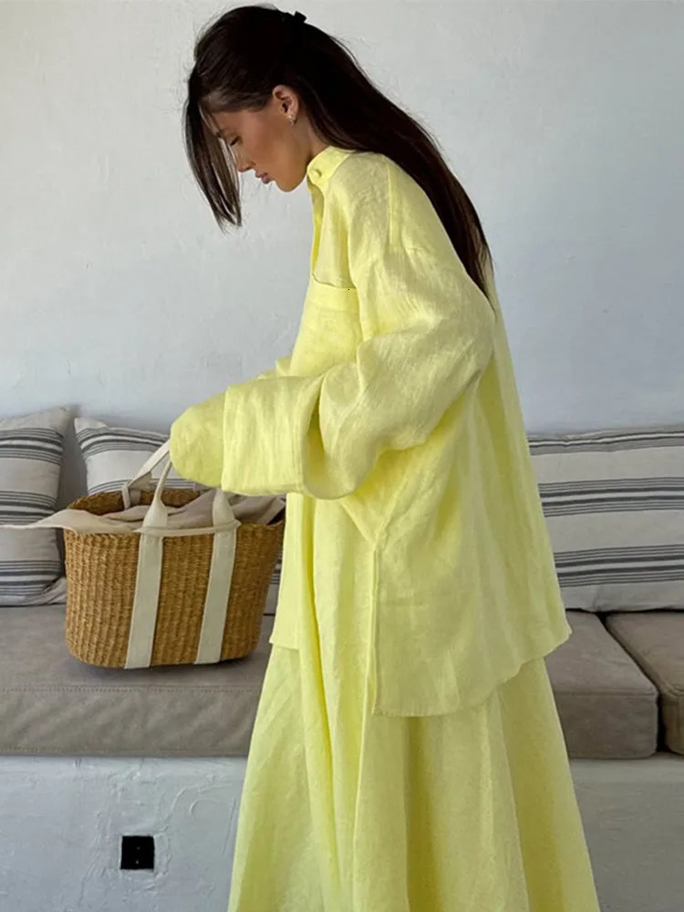 Fashion Loose Womens Two Piece Turn-down Collar Full Sleeve Single Breasted Top Draped Long Skirt 2025 Summer Lady Causal Set 250728