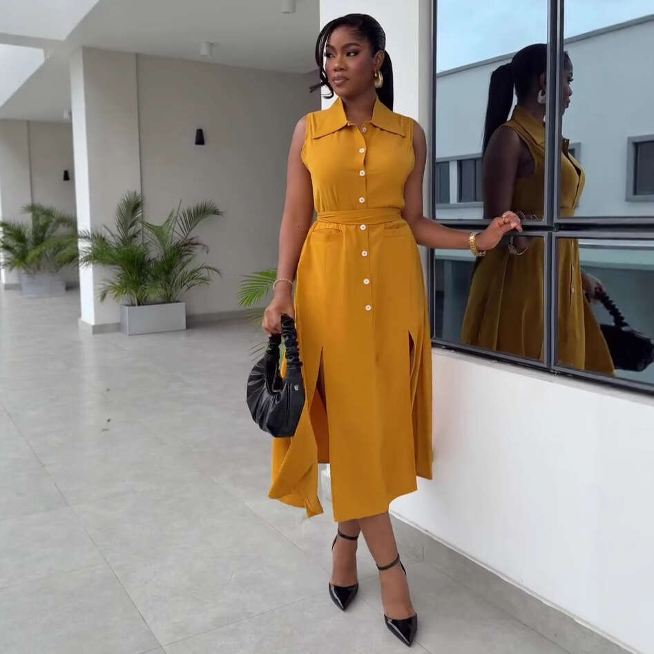 Women's High-End Design Loose Flowing Tie Slimming Vest Plus Size Stylish Long Dress B5