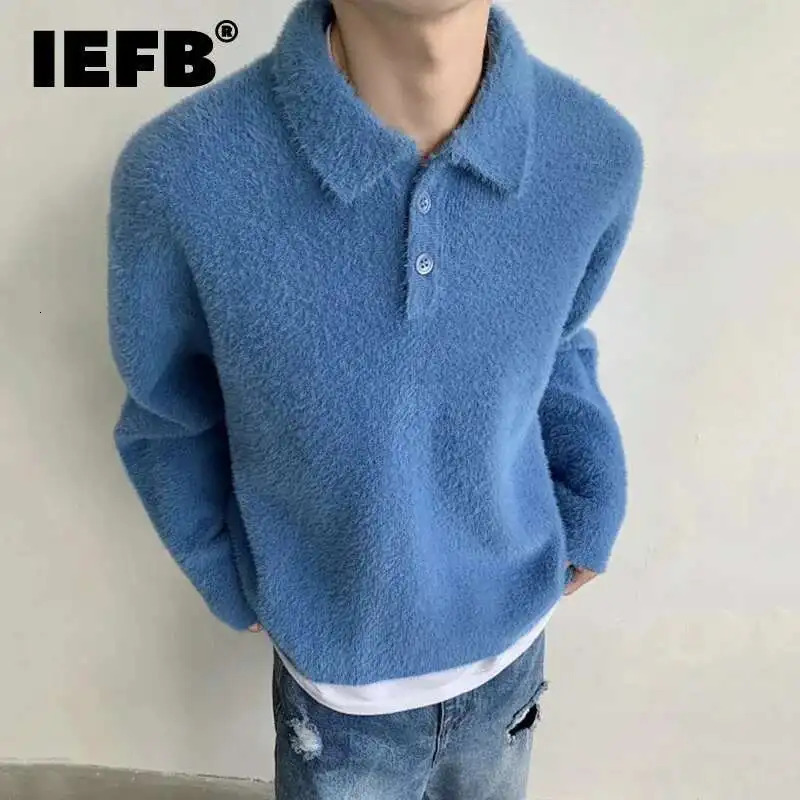 IEFB Korean Style Mens Knitting Tops Turndown Collar Button n Mohair Solid Color Sweater Loose Male Pullover Knits 9C8625 250729
