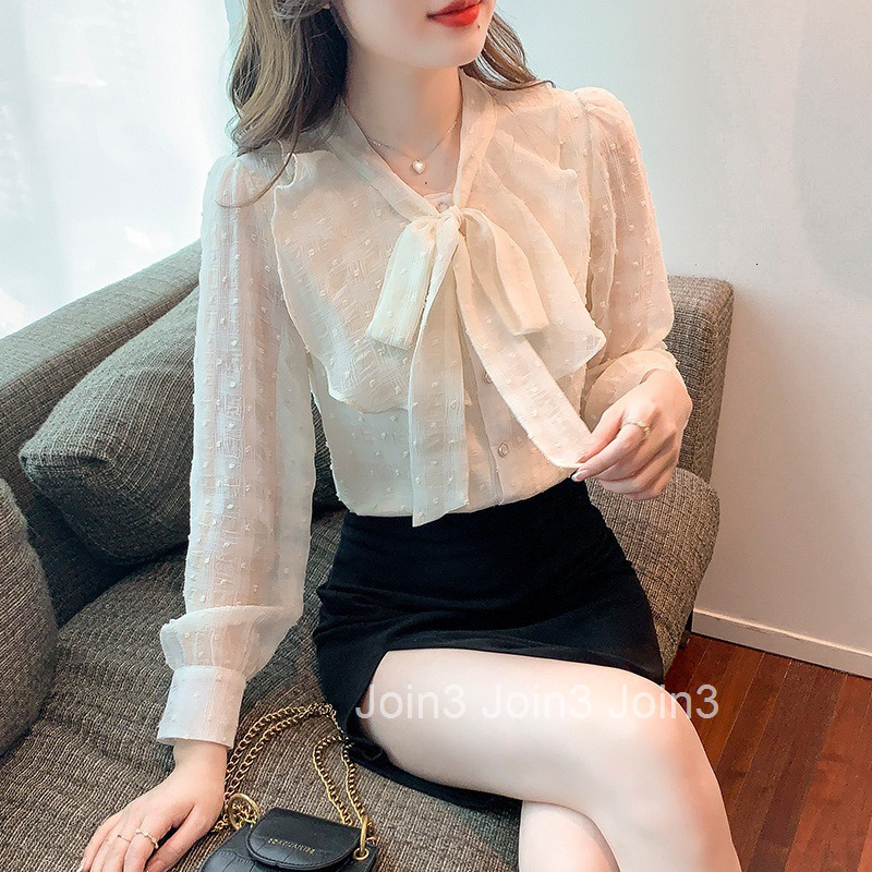 Spring and Autumn New Fashionable Sleeve Bow Collar Apricot Chiffon Blouse Womens Professional Shirt Womens Blouse