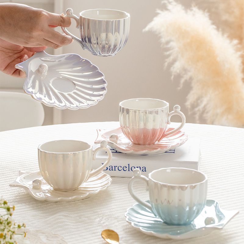 Pearl Shell Cup and Saucer with Spoon- 8oz Gradient Ceramic Coffee Mug, Vintage Tea, Cappuccino, Latte Art for Birthday Gift
