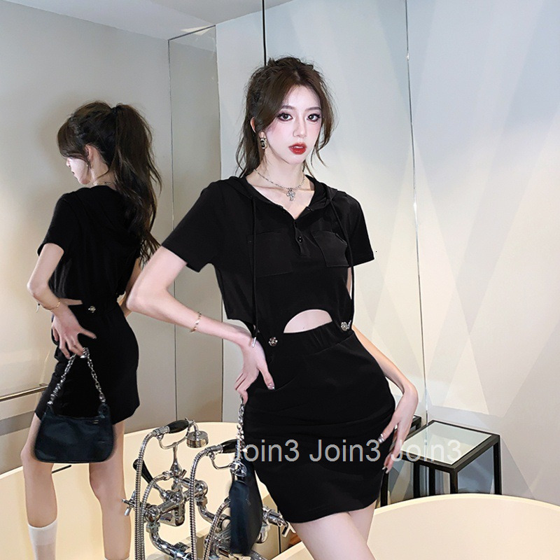 Summer New Women Pure Desire Style Sweet Cool Hot Girl Waist-Exposing Hooded Short Sleeve Top T-Shirt Half Skirt Set Dress