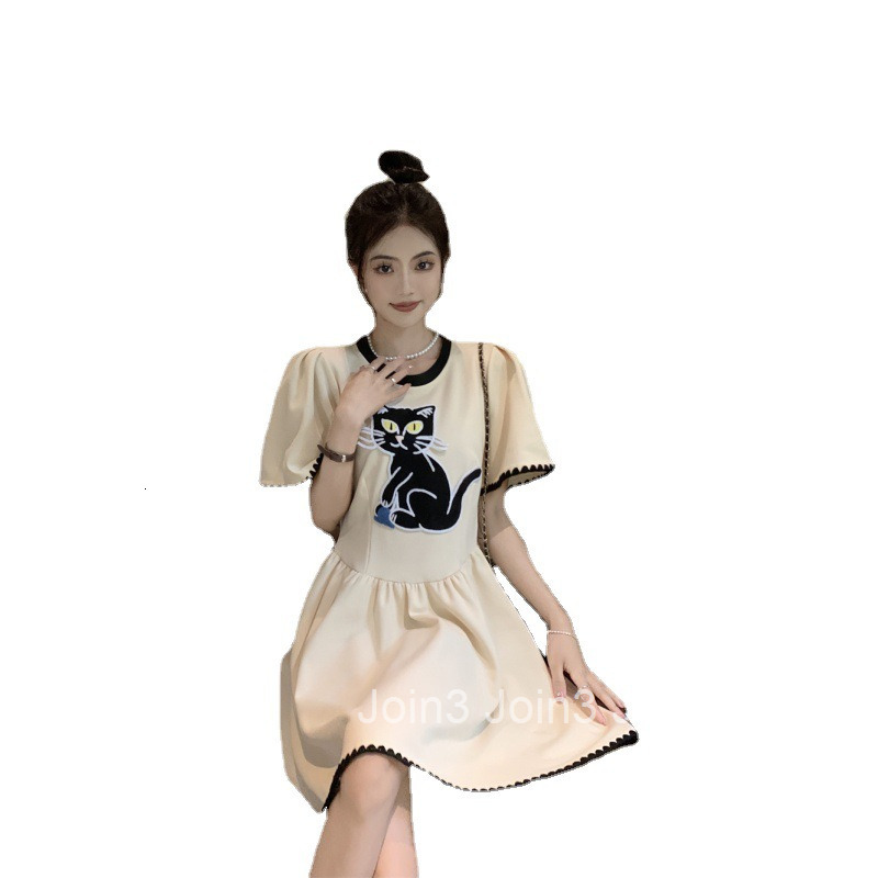 Summer New Korean and Japanese Style Plus Size Womens Short Sleeve Dress Fashion Little Cat Animal Pattern Short Dress