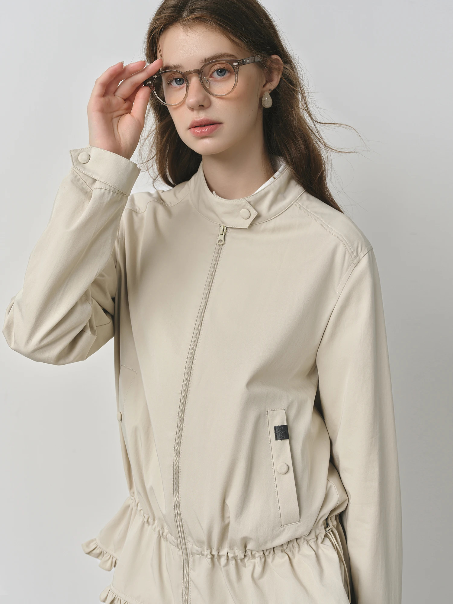 Women Straight Shoulder Stand Collar Jacket Autumn Korean Style Drawstring Sweet Flower Bud Coat 25FS13144 250729