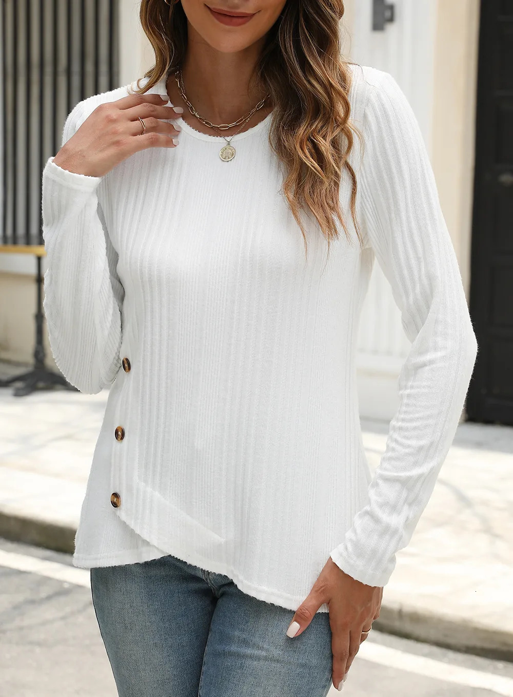 Autumn Winter Arrival Ribbed Brushed Button Long Sleeve TShirt 250729
